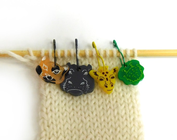 Safari Animal Stitch Markers Version 2       Set of 4       Leopard  Giraffe Hippo Crocodile