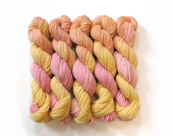 Sunrise Variegated Pink Peach Yellow DK Romney Wool Yarn 50g               Naturally Dyed