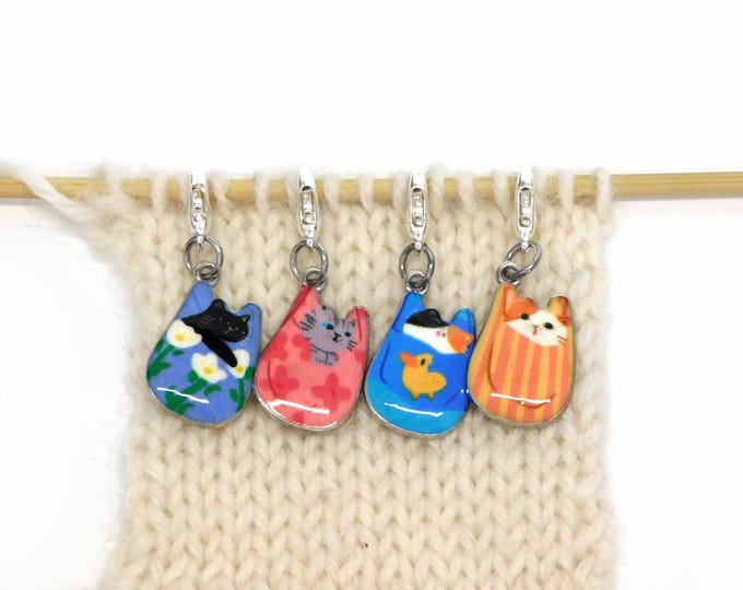 Cats in Bags Stitch Markers set of 4 on lobster clasps  3 Options