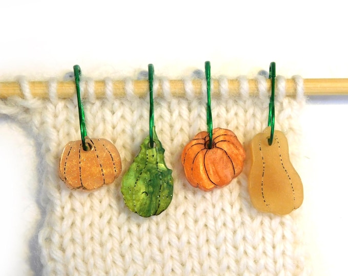 Pumpkins & Gourds Stitch Markers Set of 4      Orange Green Gold Shimmer