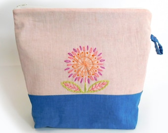 Naturally Dyed Hand Embroidered Blue Pink Flowers Zip Bag Pouch  with pocket  10" x 9" x 3"