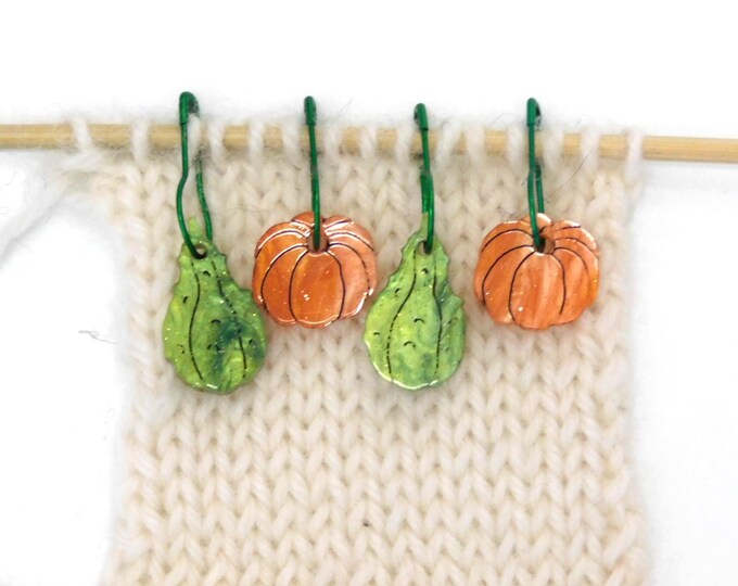Pumpkins & Gourds Stitch Markers Set of 4      Orange Green Gold Shimmer
