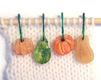 Pumpkins & Gourds Stitch Markers Set of 4      Orange Green Gold Shimmer