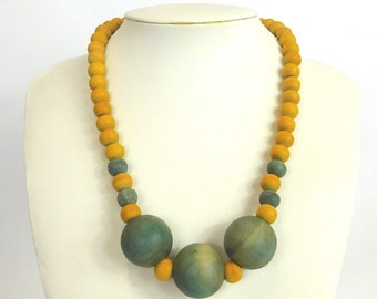 SALE Chunky Wooden Bead Necklace 19.5"      Naturally Dyed       Yellow & Blue