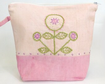 Naturally Dyed Hand Embroidered Pink Flowers Zip Bag Pouch           with pocket  10" x 9" x 3"