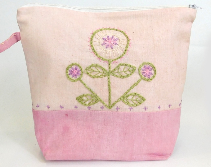 Naturally Dyed Hand Embroidered Pink Flowers Zip Bag Pouch           with pocket  10" x 9" x 3"