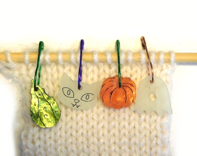 Gourds & Ghouls Stitch Markers Set of 4      Orange Green Glow in the Dark