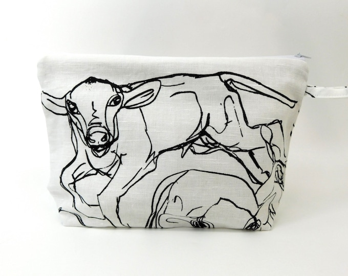 Marimekko Kevatjuhla Fabric Zip Pouch in White & Black            size Large 10" Cows