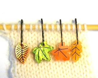 Autumn Leaves Stitch Markers Set of 4      Brown Green Gold Shimmer