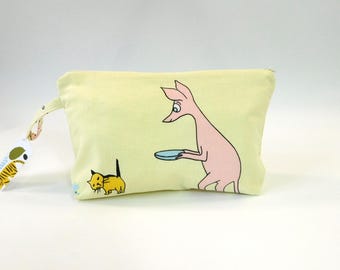 Moomin Sniff and Cat Yellow Fabric Zip Pouch       size Large 10"