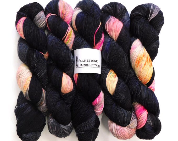 Silent Disco Black Speckled Merino Blend Sock weight  100g Fluorescent