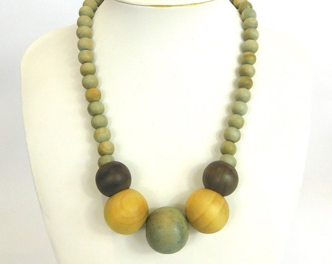 SALE Chunky Wooden Bead Necklace 18"      Naturally Dyed       Yellow Brown & Blue