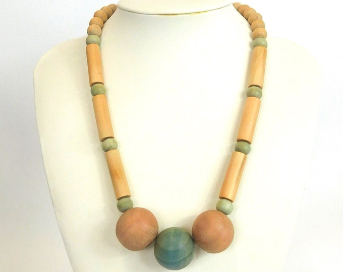 SALE Chunky Wooden Bead Necklace 19"      Naturally Dyed       Pink & Blue