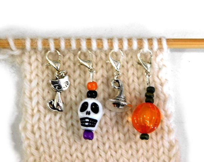 Halloween Stitch Markers Set of 4      Silver Beaded Pumpkin + Skull