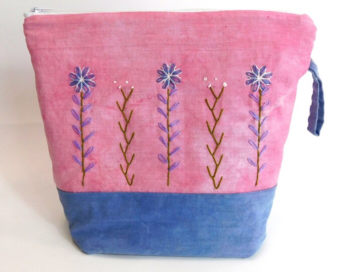 Naturally Dyed Hand Embroidered Blue Pink Flowers Zip Bag Pouch  with pocket  10" x 9" x 3"