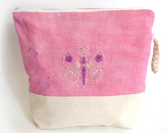 Hand Embroidered Butterfly Project Bag, Naturally Dyed Pink Cotton