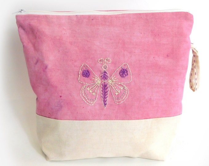 Naturally Dyed Hand Embroidered Pink Folk Butterfly Zip Bag Pouch  with pocket  10" x 9" x 3"