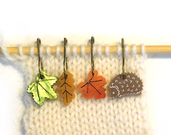 Hedgehog & Leaves Stitch Markers Set of 4      Brown Green Gold Shimmer