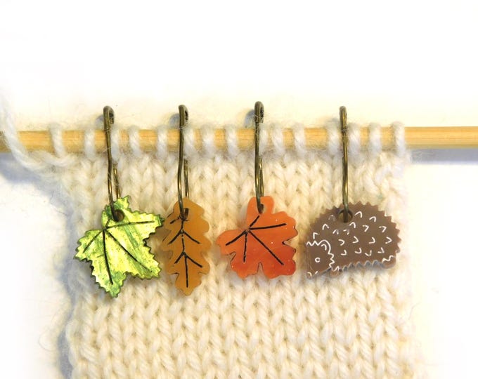 Hedgehog & Leaves Stitch Markers Set of 4      Brown Green Gold Shimmer