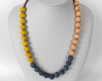 Chunky Wooden Bead Necklace 20"      Naturally Dyed       Yellow Blue & Pink