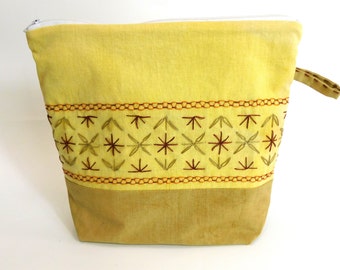 Naturally Dyed Hand Embroidered Yellow Geometric Zip Bag Pouch  with pocket  10" x 9" x 3"