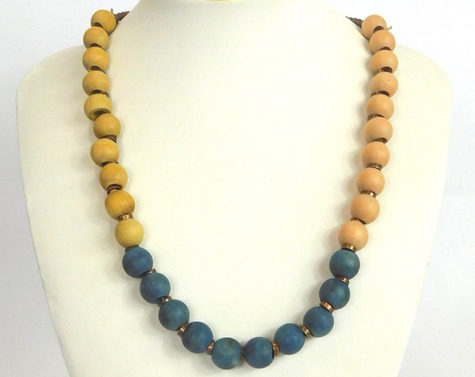 SALE Chunky Wooden Bead Necklace 20"      Naturally Dyed       Yellow Blue & Pink