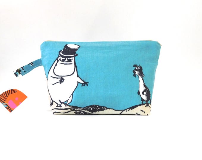 Moominpappa on an Island Blue Taupe Vintage Fabric Zip Pouch       2 options   Size Large 10"