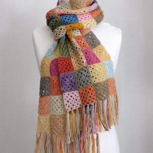 May include: A colorful crocheted scarf with a patchwork design and fringe. The scarf is made of various shades of brown, pink, blue, green, and orange.