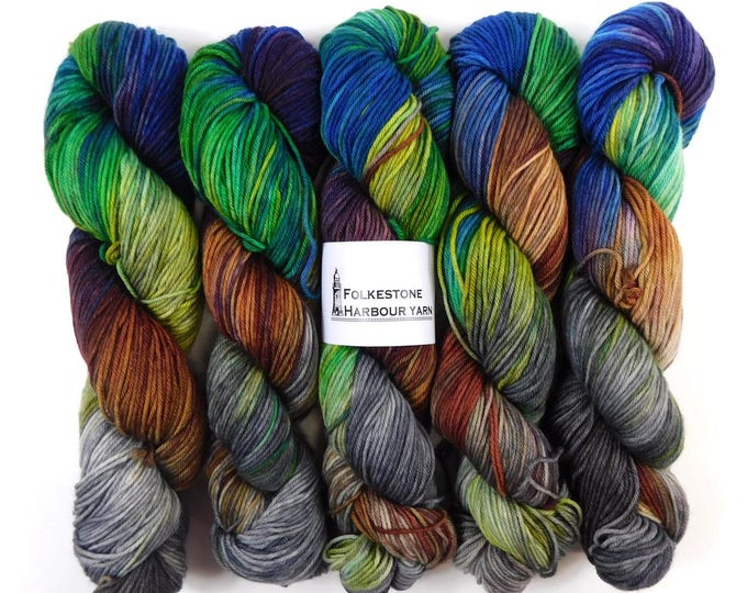 Slick blue Grey Green Yellow Brown Variegated Merino Blend DK 100g