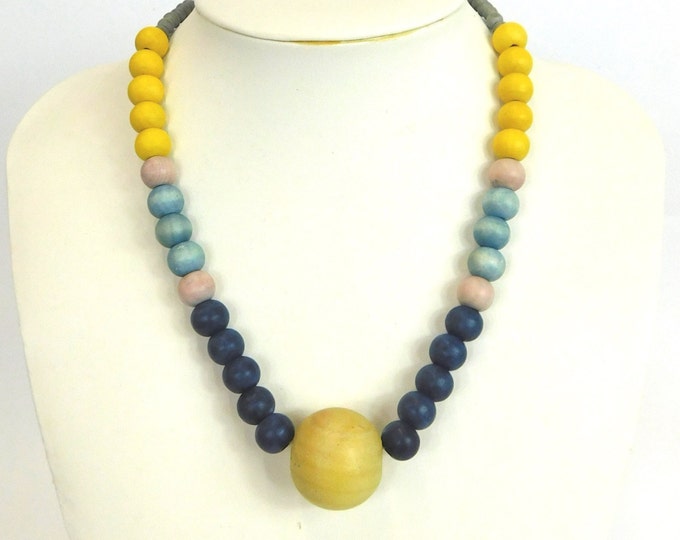 SALE Chunky Wooden Bead Necklace 16"      Naturally Dyed       Yellow Lilac & Blue