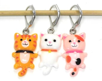 Candy Cat Stitch Markers set of 3 on moveable clasps