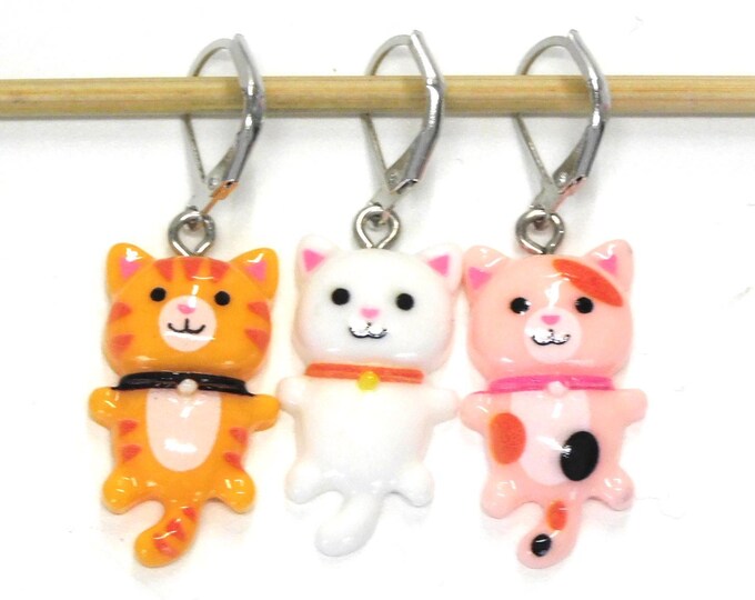 Candy Cat Stitch Markers set of 3 on moveable clasps