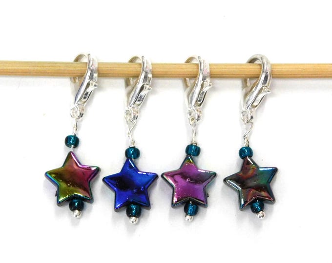Iridescent Star Stitch Markers set of 4 on moveable clasps