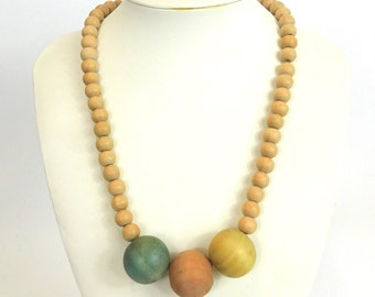SALE Chunky Wooden Bead Necklace 20"      Naturally Dyed       Pink Yellow & Blue