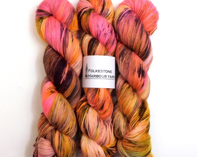 Alpacalypse Now      Fluorescent Black Pink Yellow Variegated Sock weight Wool Yarn 100g