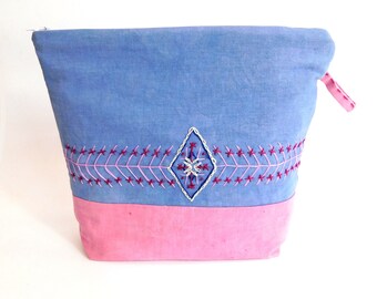 Naturally Dyed Hand Embroidered Blue Pink Folk Diamond Zip Bag Pouch  with pocket  10" x 9" x 3"