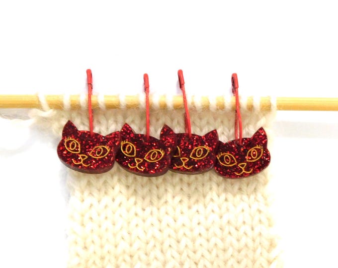 Bella Cat Stitch Markers Set of 4 Christmas Red + Gold
