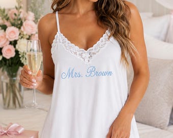 Personalized Embroidered Bridal Nightgown, Mrs Lace Chemise Bachelorette Gift