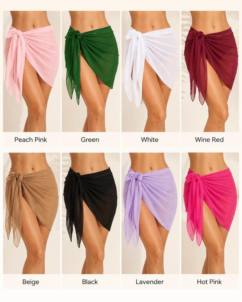 May include: A collection of eight sheer sarong skirts in various colors including peach pink, green, white, wine red, beige, black, lavender, and hot pink. Each skirt features a side-tie knot detail, a semi-transparent fabric, and a short hemline.
