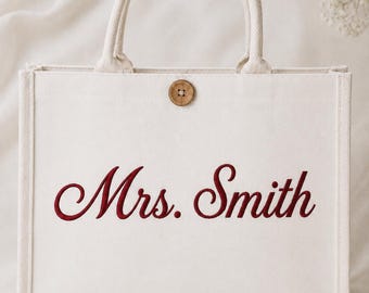 Personalized White Bridal Tote Bag: Custom Embroidered Bride and Bridesmaid or Bachelorette Party Gift