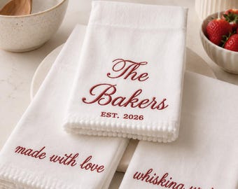 Personalized Embroidered Tea Towel, Custom Kitchen Hand Towel, Wedding or Housewarming Gift for Bakers
