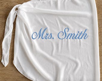 Custom Embroidered Beach Cover Up Sarong, Personalized Mrs Bride Wrap for Honeymoon & Bachelorette