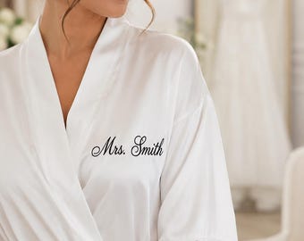 Personalized Satin Bridal Robe with Custom Embroidery and Lace Trim