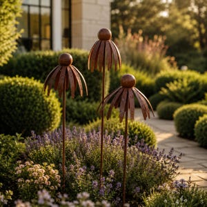 May include: Three metal garden stakes featuring spherical tops and downward-curving petals, finished in a weathered rust-colored patina. Each sculpture is mounted on a thin, straight metal rod, creating a flower-like appearance in the garden.