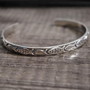 Minimalist Embossed Fish Cuff Bracelet, 925 Silver Plated Against the Current Inspirational Gift for Her