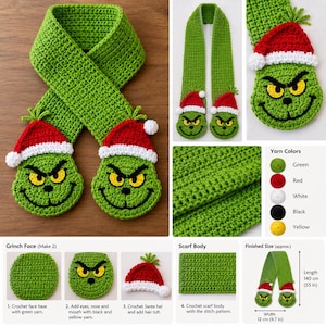 May include: A green crochet scarf featuring two ends shaped like a character face with yellow eyes, black stitched details, and a red Santa hat with a white pom-pom. The scarf measures 140 cm in length and 12 cm in width, with yarn colors including green, red, white, black, and yellow.