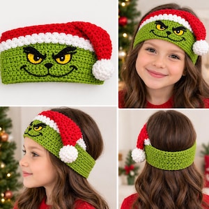 May include: A green and red crochet ear warmer headband featuring a character face with yellow eyes and a black stitched smile. The headband is designed like a Santa hat with a white brim and a white pom-pom attached to the side.