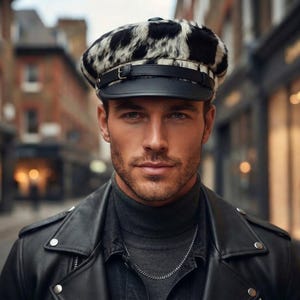 Pode incluir: Um boné estilo newsboy com padrão de vaca em preto e branco em pele sintética, acentuado com uma pala em imitação de pele preta e uma tira horizontal fina na parte frontal com uma pequena fivela de metal prateado na lateral.