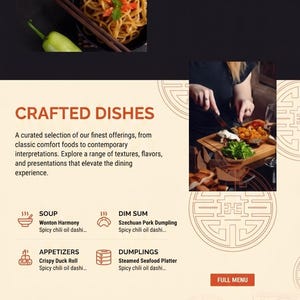 Op de afbeelding: Een landingspagina van een restaurantwebsite met de tekst The Taste of Harmony, We Bring Over 20 Years of Culinary Passion, Crafted Dishes, Visual Flavors en Guest Experiences, naast foto's van noedelkommen, dumplings en gerechten.