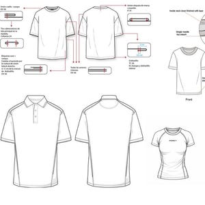 May include: A technical fashion design sheet featuring black and white line drawings of various garments including t-shirts, a polo shirt, a short-sleeved romper with a front zip, and a long-sleeved athletic top, accompanied by detailed construction diagrams.